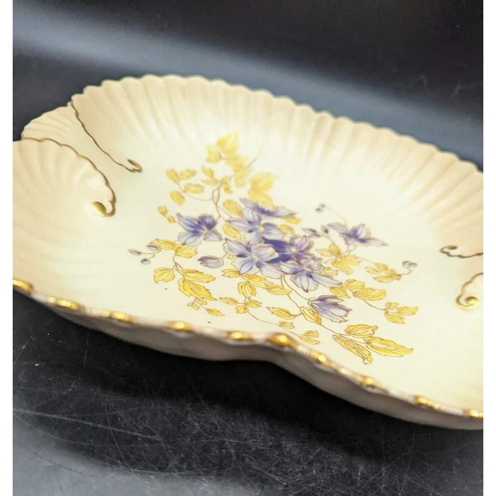 Antique‎ Fluted Porcelain Square Nut Candy Dish Purple Flower Violet 9